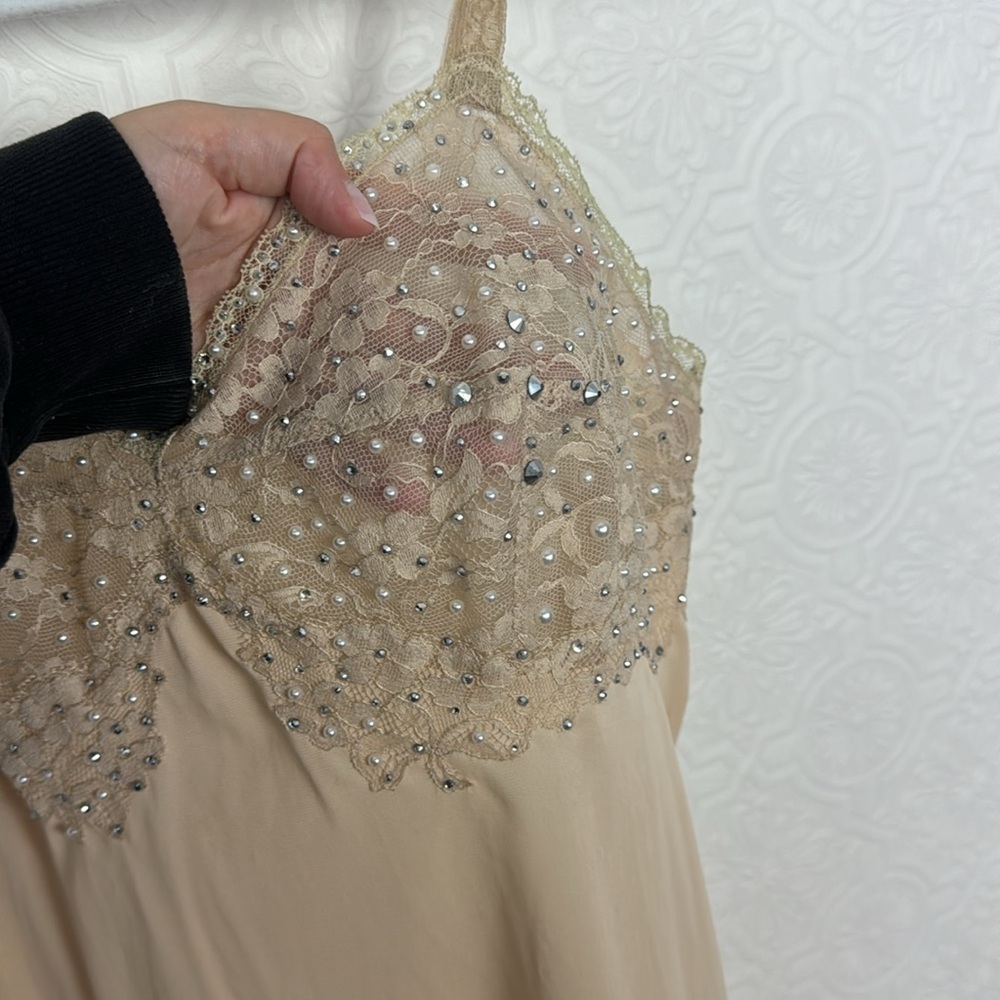 Vintage Slip Dress Bedazzled Jewels Rhinestones Beaded Nude Shapewear Cream 80s - Picture 4 of 10